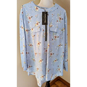 ANGVNS Women’s Floral Zip Front Blouse Long Sleeve Light Blue Size XXL NWT